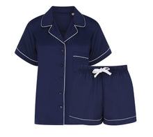 Load image into Gallery viewer, Personalised Mini Satin Luxe Short Pyjama Set in Navy Personalise Direct