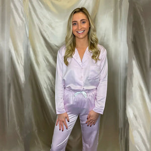 Personalised Satin Luxe Long Pyjama Set in Pink Personalise Direct