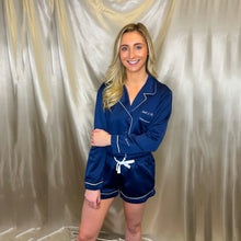 Load image into Gallery viewer, Personalised Satin Luxe Navy Long/Short Pyjama Set Personalise Direct