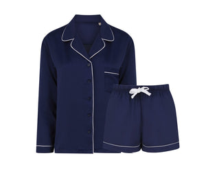 Personalised Satin Luxe Navy Long/Short Pyjama Set Personalise Direct