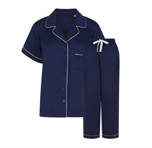 Load image into Gallery viewer, Personalised Satin Luxe Navy Short/Long Pyjama Set in Navy Personalise Direct