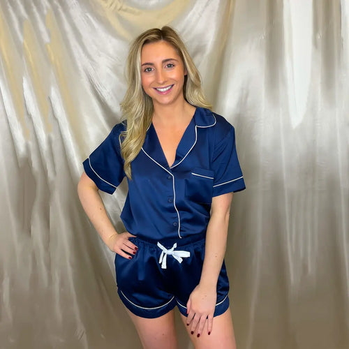 Personalised Satin Luxe Short Pyjama Set in Navy Personalise Direct