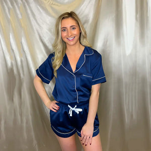 Personalised Satin Luxe Short Pyjama Set in Navy Personalise Direct